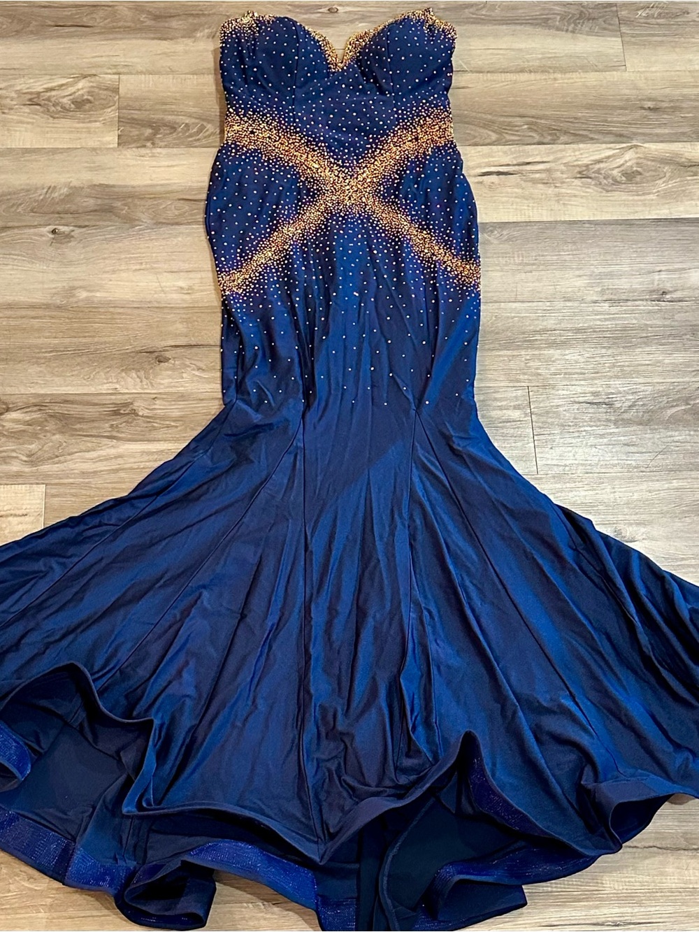 Portia and Scarlett Navy Blue Strapless Mermaid Gown with Gold Beading Size 8